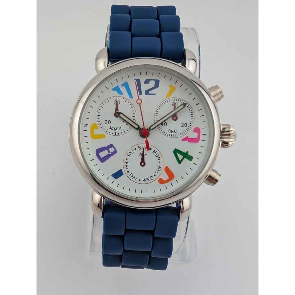 Women's Quartz Watch‎ 36mm Silver Case Navy Blue Silicone Band- New Battery